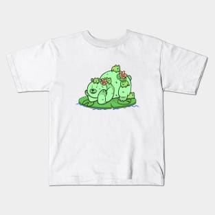 Bubbles the Bear Lounging with Frog Friends Kids T-Shirt